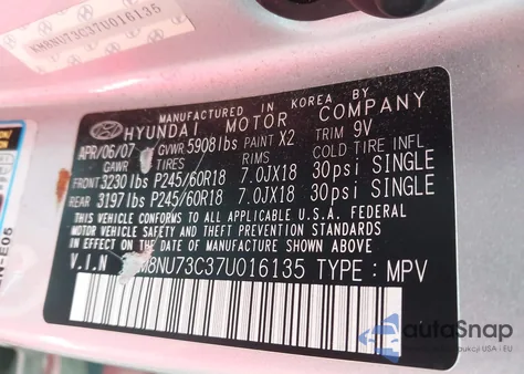 2007 Hyundai Veracruz из США, поврежденный, VIN KM8NU73C37U016135